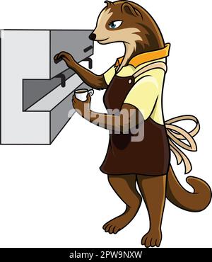 Civet Mascot détaillé utilisation de la machine à espresso pour verser une tasse de café Illustration Illustration de Vecteur