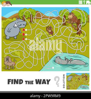 trouvez le jeu de la manière avec des animaux sauvages de bande dessinée Illustration de Vecteur
