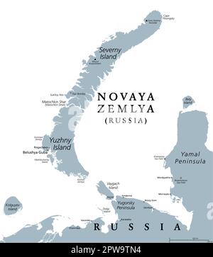 Novaya Zemlya, archipel dans le nord de la Russie, carte politique grise Illustration de Vecteur