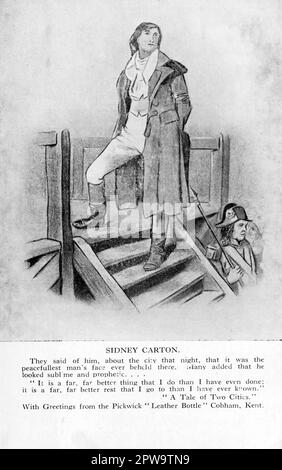 Une carte postale vintage représentant ‘Sidney Carton’, un personnage du livre de Charles Dickens, “A Tale of Two Cities”. La carte porte également un passage correspondant du livre et a été publié comme un article promotionnel pour la maison publique 'The Leather Bottle' à Cobham, Kent. Construit en 1629, ce pub a été présenté dans le livre de Dickens, « The Pickwick Papers ». Banque D'Images