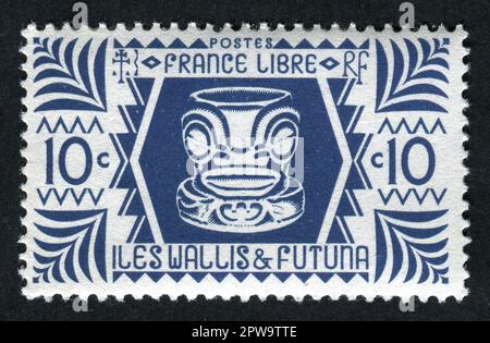 1944. Un timbre-poste de 10 centimes des îles Wallis-et-Futuna délivré en 1944, pendant la Seconde Guerre mondiale par l'Administration française libre. Banque D'Images