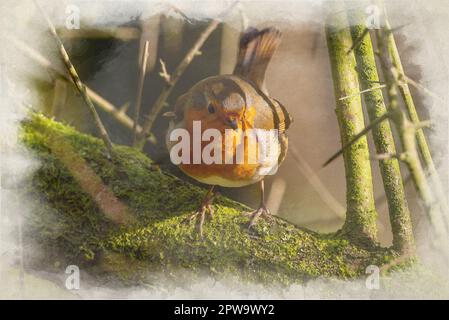 Peinture numérique aquarelle d'un rouge-gorge européen, erithacus rubecula dans un habitat naturel de bois britannique. Banque D'Images