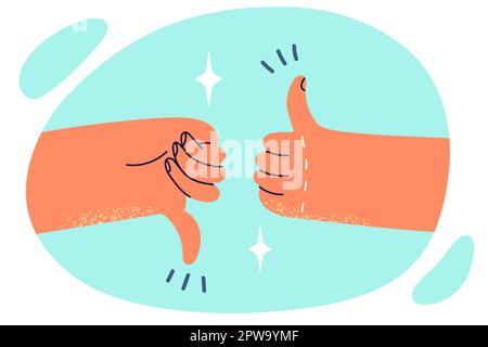 Deux mains montrant le pouce vers le haut ou vers le bas symbolisent l'argument sur le sujet actuel ou le choix difficile Illustration de Vecteur