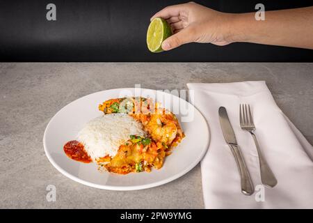 Délicieux Moqueca de poisson brésilien avec tomate, oignon, huile d'olive, coriandre et graines d'orocum. Servi sur une assiette en porcelaine blanche avec du riz. Ajout de citron. Banque D'Images