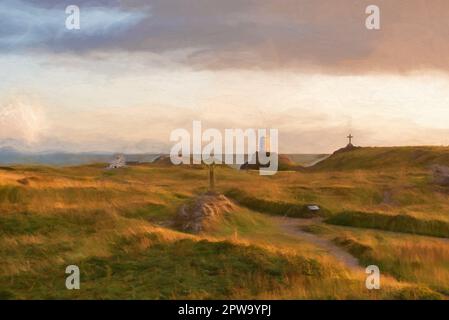 Peinture numérique du phare de l'île de Llanddwyn, Twr Mawr à Ynys Llanddwyn sur Anglesey, au nord du pays de Galles, au coucher du soleil. Banque D'Images