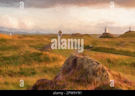 Peinture numérique du phare de l'île de Llanddwyn, Twr Mawr à Ynys Llanddwyn sur Anglesey, au nord du pays de Galles, au coucher du soleil. Banque D'Images