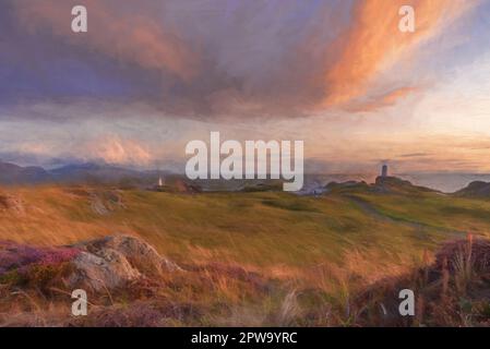 Peinture numérique du phare de l'île de Llanddwyn, Twr Mawr à Ynys Llanddwyn sur Anglesey, au nord du pays de Galles, au coucher du soleil. Banque D'Images