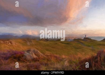 Peinture numérique du phare de l'île de Llanddwyn, Twr Mawr à Ynys Llanddwyn sur Anglesey, au nord du pays de Galles, au coucher du soleil. Banque D'Images