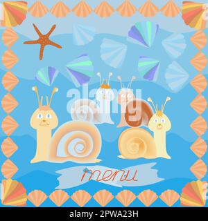 carte postale faite d'escargots et de coquillages colorés pour la conception du menu pour enfants Illustration de Vecteur