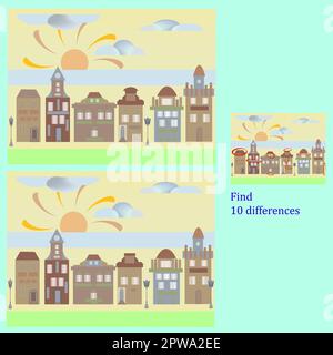 rebus pour les enfants de moins de 6 ans trouvent 10 différences dans les maisons Illustration de Vecteur