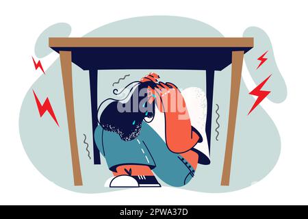 La femme tombe et se cache sous la table dans l'horreur lors d'une attaque de panique due à un stress régulier Illustration de Vecteur