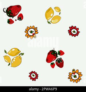 motif avec fleurs, citron, éléments de fraise, sur fond blanc, dessiné à la main, parfait pour la conception de cartes postales, livrets, vêtements, plats Banque D'Images