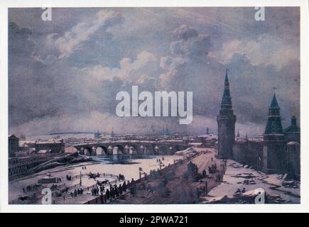 Moscou image Pushkiniana. Le pont Bolchoy Kamenny (en russe : Большой Каменный мост, Greater Stone Bridge) est un pont en arc d'acier qui s'étend sur la rivière Moskva à l'extrémité ouest du Kremlin de Moscou. Carte postale ancienne de l'URSS, 1987. Banque D'Images