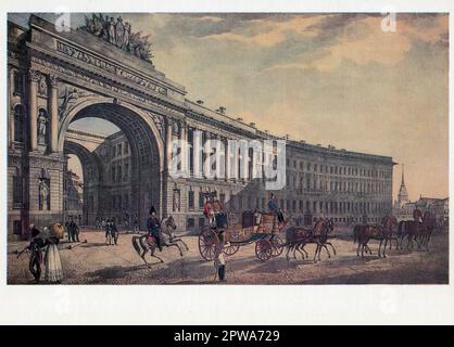Moscou image Pushkiniana. Le bâtiment du personnel général (en russe : Здание Главного штаба, Zdanie Glavnogo Shtaba) est un édifice de 580 m de long en forme d'arc, situé sur la place du Palais à Saint-Pétersbourg, en Russie, en face du Palais d'hiver. Carte postale ancienne de l'URSS, 1987. Banque D'Images