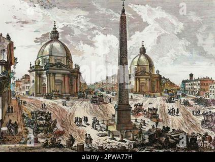 Vue sur la Piazza del Popolo à Rome, après gravure par Giovanni Battista Piranesi (1720-1778), Banque D'Images