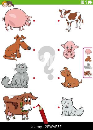 associez les animaux de bande dessinée et le jeu éducatif de leurs bébés Illustration de Vecteur