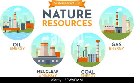 Illustration des sources d'énergie non renouvelables avec les carburants nucléaires, pétroliers, pétroliers, de gaz naturel ou de charbon en modèles tirés à la main Illustration de Vecteur