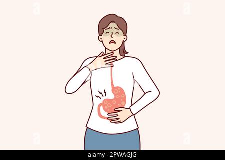 Femme malade présentant des symptômes de reflux gastro-oesophagien ou de maladie de la gastrite résultant de la malbouffe Illustration de Vecteur