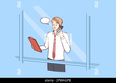 Homme chef de société parle au téléphone de négociation, vue de derrière fenêtre gratte-ciel Illustration de Vecteur