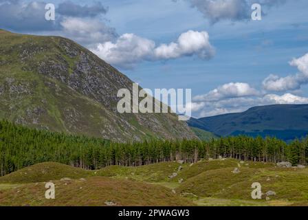 En regardant Glen Doll de Corrie Fee avec Craig Mellon descendant en pente abrupte dans la vallée Floor avec la Lorraine glaciaire en premier plan. Banque D'Images