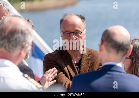 Kiel, Allemagne, 29. Avril 2023. Le Bundeswirtschaftsministre Robert Habeck besucht Kiel. Erstütte und Verkauf von Bürgermeister Banque D'Images