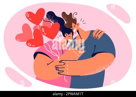 Embrasser un couple d'hommes et de femmes amoureux de ballons sous forme de coeurs célébrant la Saint-Valentin Illustration de Vecteur