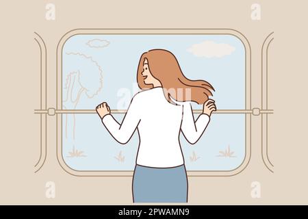 Femme souriante Profitez de la vue sur la nature depuis la fenêtre du train Illustration de Vecteur