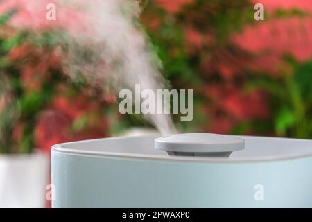 L'humidificateur à ultrasons libère de la vapeur froide. Soin et hydratation des plantes à l'air sec. Humidificateur dans la chambre pour la toux et la sécheresse. Banque D'Images