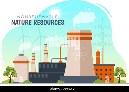 Illustration des sources d'énergie non renouvelables avec les carburants nucléaires, pétroliers, pétroliers, de gaz naturel ou de charbon en modèles tirés à la main Illustration de Vecteur