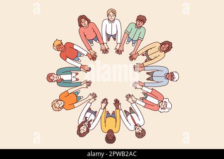 Les personnes amicales se tiennent en cercle et tiennent les mains pour la collaboration et le travail d'équipe, vue de dessus Illustration de Vecteur