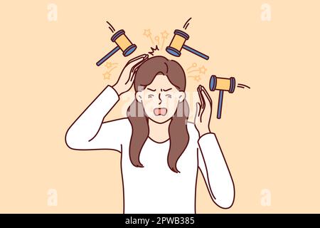 Une femme bouleversée qui ressent des maux de tête au milieu des marteaux symbolisant le bourdonnement dans les oreilles Illustration de Vecteur