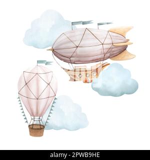 Illustration aquarelle de l'ensemble de véhicules volants pour enfants avec des nuages bleus. Vaisseau aérien, ballon d'air chaud Banque D'Images