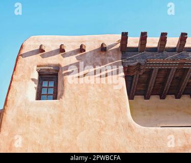 Une composition minimaliste du bâtiment en adobe de style pueblo-renouveau du Musée d'Art du Nouveau-Mexique, avec fenêtre et poutres en bois sous un bleu clair Banque D'Images