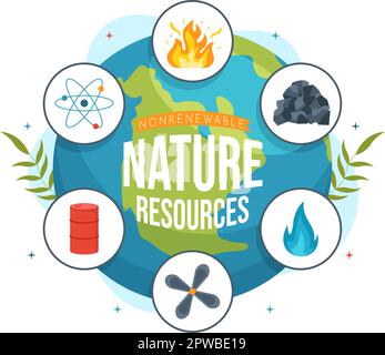 Illustration des sources d'énergie non renouvelables avec les carburants nucléaires, pétroliers, pétroliers, de gaz naturel ou de charbon en modèles tirés à la main Illustration de Vecteur