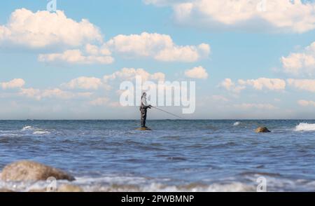 Un pêcheur à la ligne dans un pantalon imperméable pêche dans la mer Baltique. Il est debout sur une pierre dans l'eau - coucher de soleil sur la mer Baltique avec un pêcheur solitaire Banque D'Images