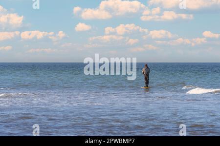 Un pêcheur à la ligne dans un pantalon imperméable pêche dans la mer Baltique. Il est debout sur une pierre dans l'eau - coucher de soleil sur la mer Baltique avec un pêcheur solitaire Banque D'Images