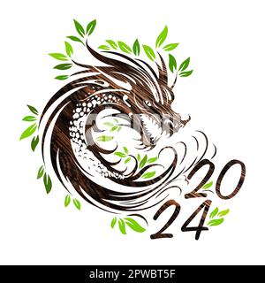 Symbole du Dragon vert du nouvel an chinois 2024 heureux. Symbole de 2024. Dragon vert en bois. Carte de vœux à illustration vectorielle. Signe du zodiaque, Illustration de Vecteur