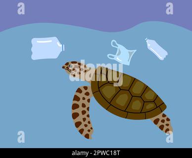 Tortue de mer nageant sous l'eau avec déchets plastiques flottant. Pollution et crise environnementale. Illustration. Banque D'Images