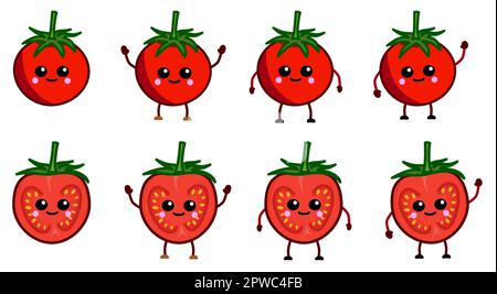 Icône de tomate de style kawaii, entière et coupée en tranches. Version avec les mains levées, abaissés et en agitant Illustration de Vecteur