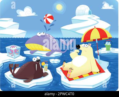 Été ou hiver au pôle Nord. Illustration vectorielle de dessin animé. Illustration de Vecteur