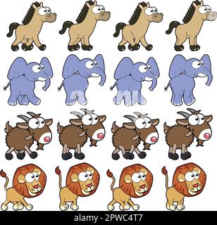 Animations Animal Walking. Dessin animé vectoriel et caractères isolés. Vous pouvez utiliser quatre cadres en boucle, chaque animal. Illustration de Vecteur