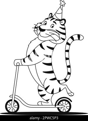 Page de coloriage. Dessin animé tigre en chapeau d'anniversaire roule un scooter de pied sur fond blanc. Adorable personnage animal pour les enfants en activité préscolaire. Feuille de travail de Illustration de Vecteur