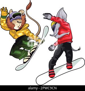 Savannah animaux sur le snowboard. Caractères vectoriels isolés. Illustration de Vecteur