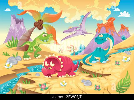 Dinosaures famille avec fond. Personnages amusants de dessins animés et vectoriels Illustration de Vecteur