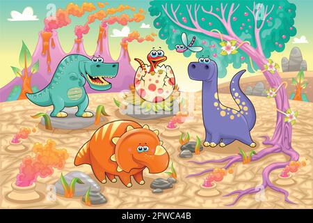Groupe de dinosaures drôles dans un paysage préhistorique. Personnages isolés de dessins animés et de vecteurs sur l'arrière-plan Illustration de Vecteur