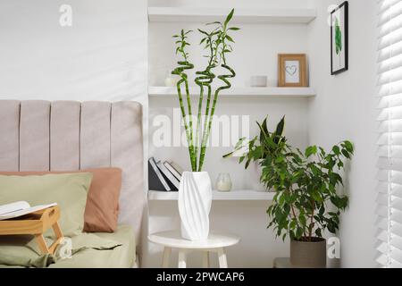 Vase avec tiges en bambou vert sur la table dans la chambre Banque D'Images