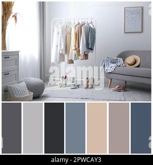 Palette de couleurs adaptée à la photo des vêtements élégants pour femmes sur le rack dans la chambre Banque D'Images