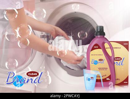 Design publicitaire pour détergent à lessive liquide et en poudre. Vue en gros plan d'une femme qui sort des vêtements propres du lave-linge Banque D'Images