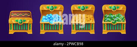 Coffres au Trésor égyptien avec des pièces d'or, des diamants et de l'argent. Jeux props icônes de troncs anciens avec l'argent de pharaon de l'Égypte. Boîtes dorées avec cicatrice Illustration de Vecteur