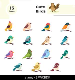 Divers types d'oiseaux assis sur l'icône de branche dans un style plat. Illustration de Vecteur
